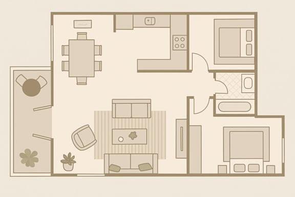 A floor plan of a house with a kitchen, living room, and dining area.