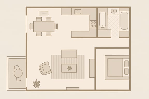 A floor plan of a house with a kitchen, living room, and bathroom.