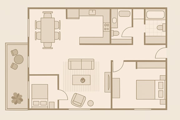 A floor plan of a house with a dining area, living room, kitchen, and bathroom.