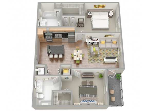 a floor plan of a two bedroom apartment with two bathrooms and a balcony