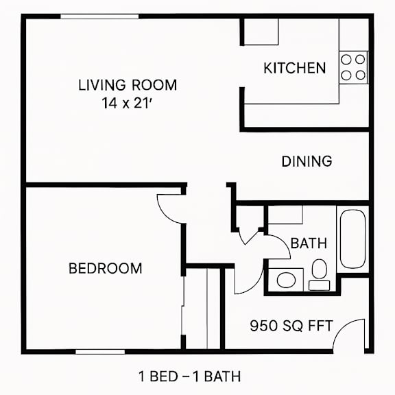 A black and white image of a floor plan for a 1 bedroom, 1 bathroom apartment.