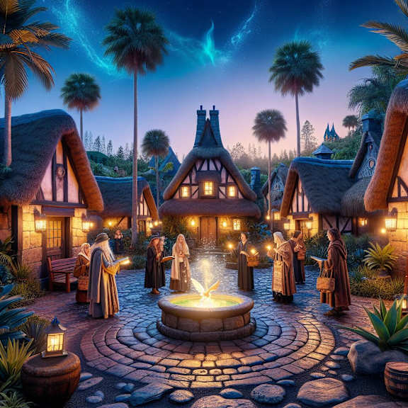 A group of people in medieval clothing are gathered around a fire in a village square.