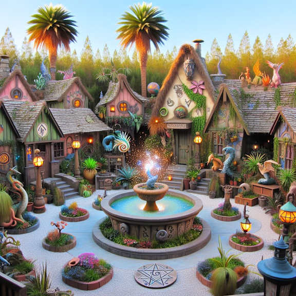 A whimsical scene with a fountain in the middle of a village surrounded by houses and trees.
