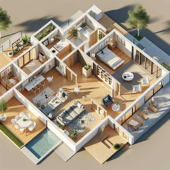 a 3d floor plan of a house with a pool