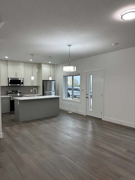 A modern kitchen with a skylight and wooden walls.