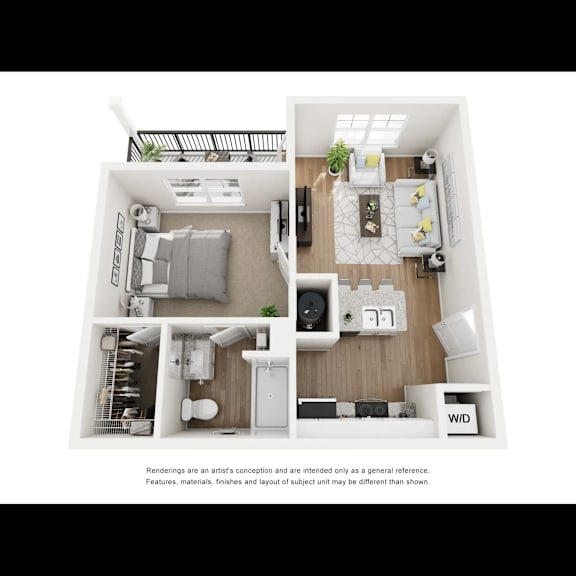 A floor plan of a small apartment with a kitchen, living room, and bathroom.