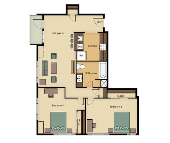 A floor plan of a house with two bedrooms, a living room, a kitchen, a bathroom, a cloakroom, and a reference room.