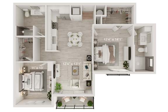 A floor plan of a house with a living room, kitchen, and two bathrooms.