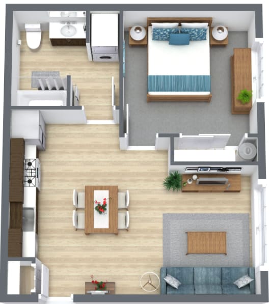 a 3d drawing of a floor plan with a bedroom and a living room