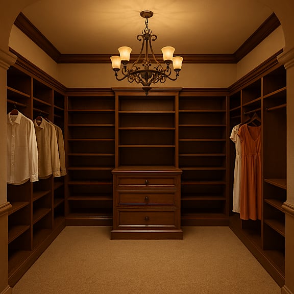 A walk in closet with a chandelier hanging from the ceiling.
