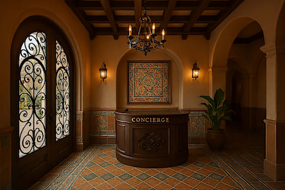A concierge desk is situated in a hallway with a chandelier and a plant.