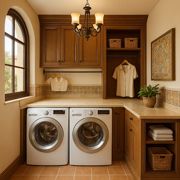 A laundry room with two washing machines and a hanging shirt.