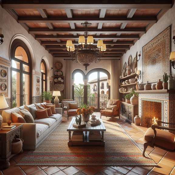 A living room with a fireplace and a chandelier.