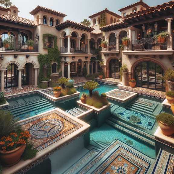 A luxurious house with a pool and a fountain in the middle.