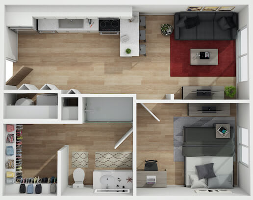 a top down view of a two bedroom apartment