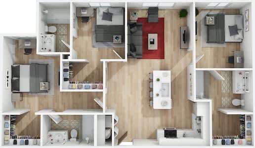 a 3d rendering of a living room with a wood floor