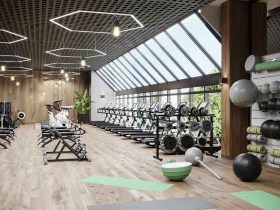 a rendering of a gym with weights and other exercise equipment