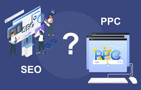 An illustration compares SEO and PPC with a question mark between them.