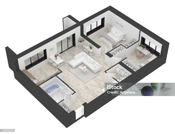 A 3D floor plan of a house with multiple rooms and furniture.