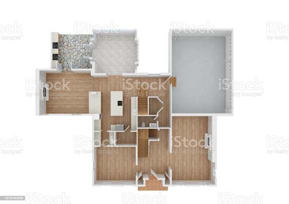 a top down view of a 3d floor plan of a house royalty free aerial view stock