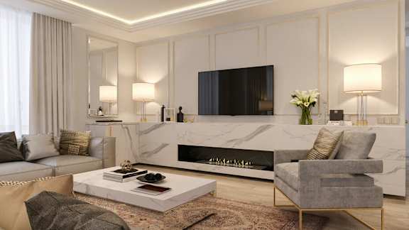 a rendering of a living room with a fireplace