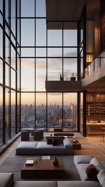 A modern living room with a view of the city skyline.