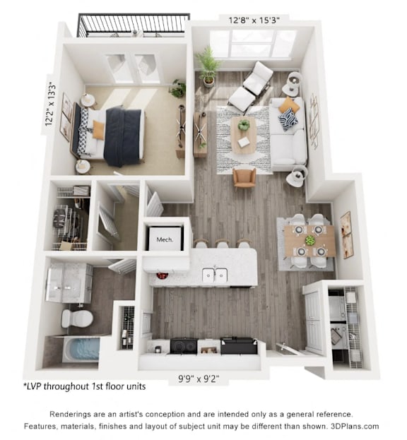 A floor plan of a 1st floor apartment with a living room, kitchen, and two bedrooms.