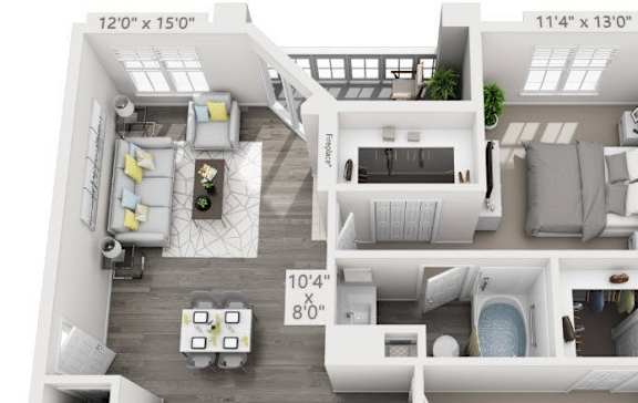 A floor plan of a two-bedroom apartment with a living room, kitchen, and bathroom.