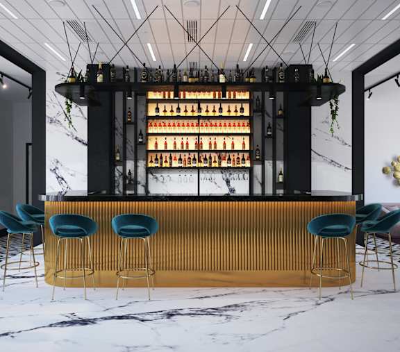 a rendering of a bar with blue stools in front of it