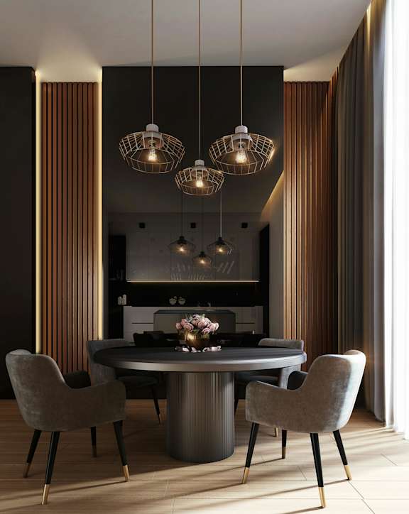a dining room with a table and chairs