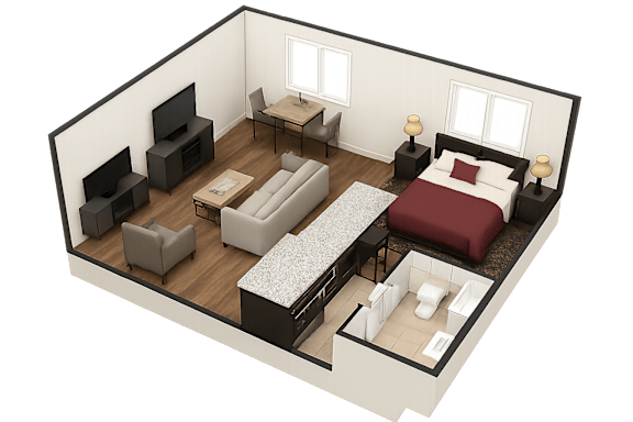 A 3D rendered image of a modern bedroom with a bed, couch, and television.