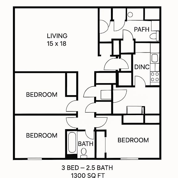 A black and white image of a floor plan for a 1300 square foot home with three bedrooms and a 2.5 bath.