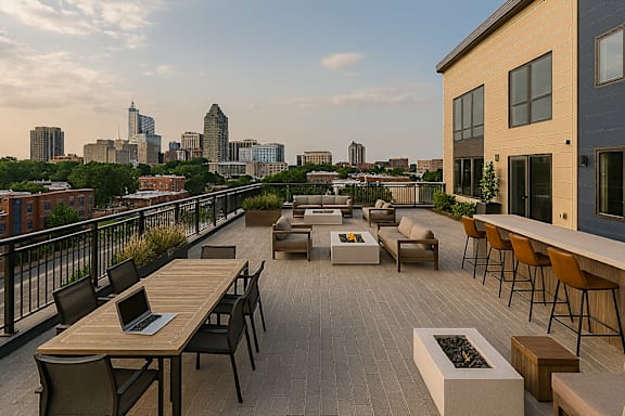 A patio with a laptop on a table overlooking a city skyline.