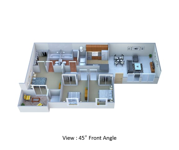 A 3D floor plan of a house with a front angle view of 45 degrees.