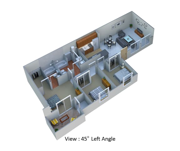 A 3D image of a house layout viewed from the left angle.