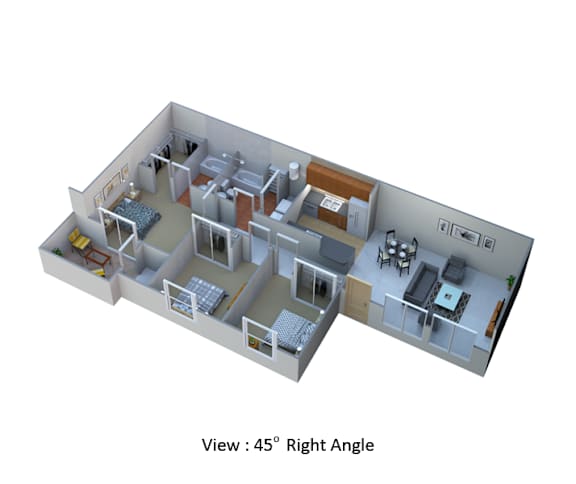 A 3D floor plan of a house showing a living room, kitchen, dining room, and bedrooms.
