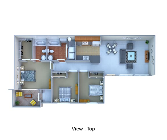 A top view of a house layout with a kitchen, living room, and two bedrooms.