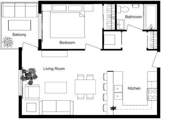 A floor plan of a house with a living room, kitchen, bedroom and bathroom.