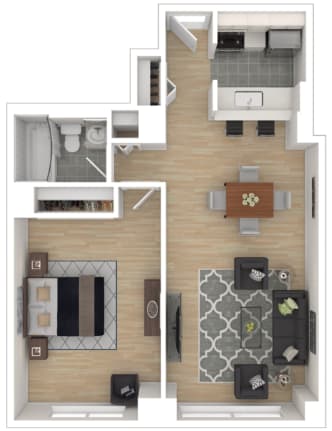 a stylized floor plan with a bedroom and a living room