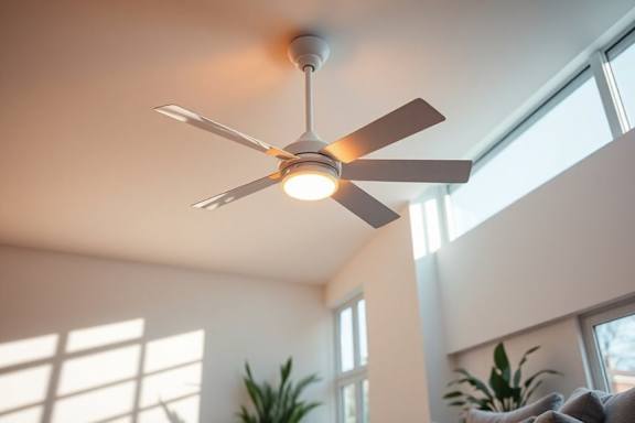 A ceiling fan with a light is on in a room with a plant and a window.