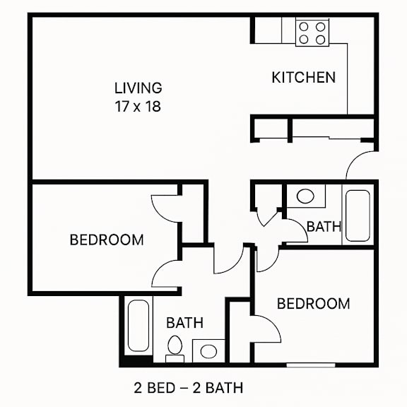 A floor plan of a home with two bedrooms and two bathrooms.