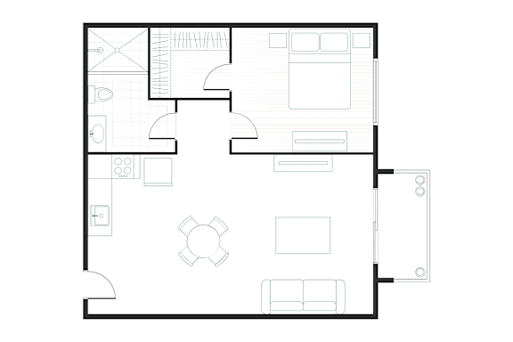 A floor plan of a house with a kitchen, living room, and bathroom.