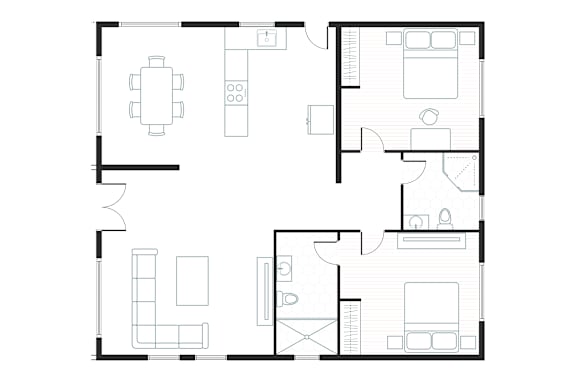 A black and white image of a house floor plan.