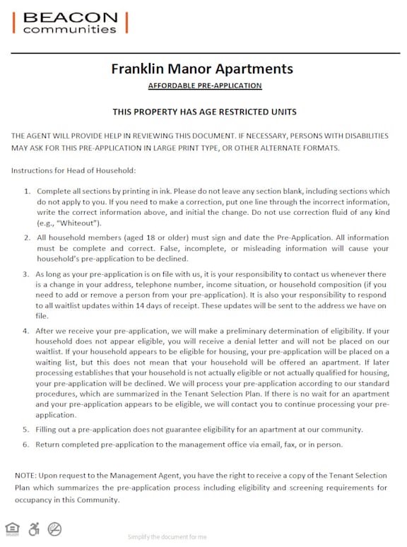 A document from Beacon Communities outlining the affordable pre-application process for Franklin Manor Apartments.
