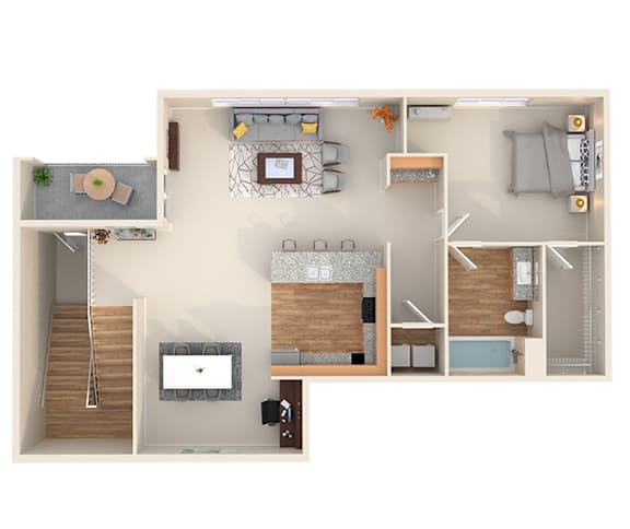 a stylized floor plan with a bedroom and a living room