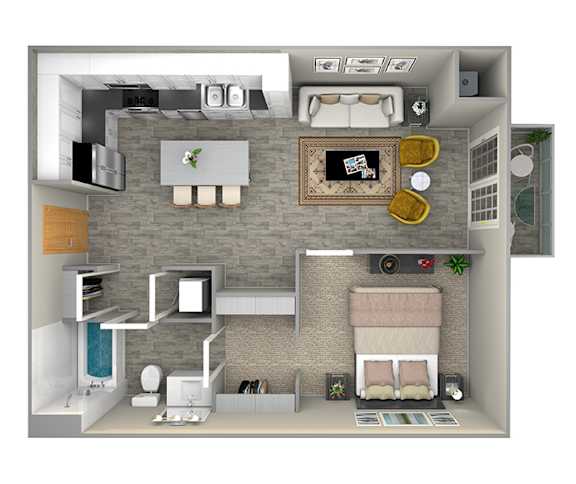 a 3d rendering of a furnished floor plan with a bedroom and a bathroom