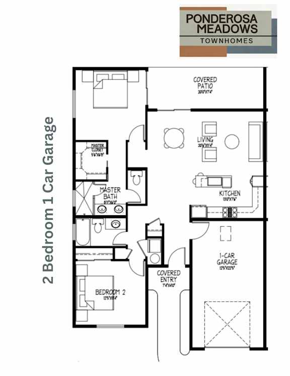 A floor plan for a Ponderosa Meadows townhome with two bedrooms and a garage.