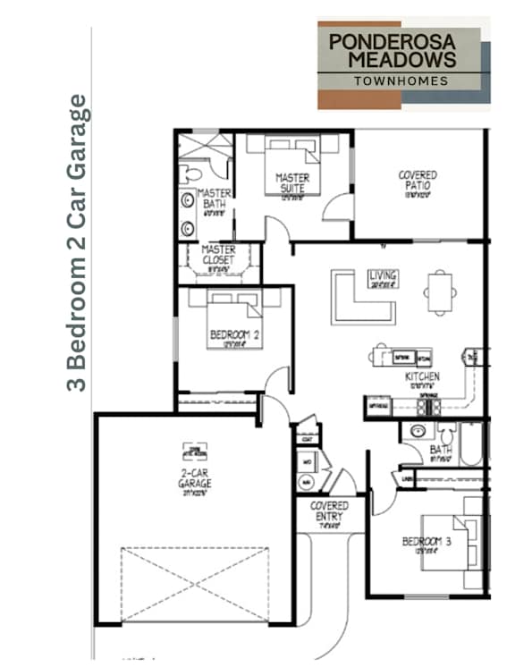 A floor plan for a home with three bedrooms and two car garages.