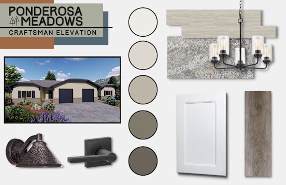 A collection of home decor items including a house, light fixtures, and paint swatches.