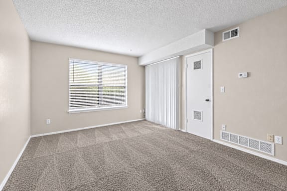 A room with a carpeted floor, a window with blinds, a white door, and a wall-mounted heater.